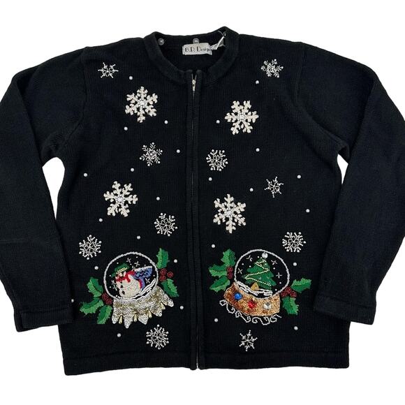 VINTAGE Christmas Sweater Snowglobe Snowflake Zip Up Cotton Medium Ugly Black‎ - Picture 1 of 9
